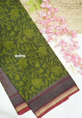 Soft Muslin cotton big florals with thread border - sap green